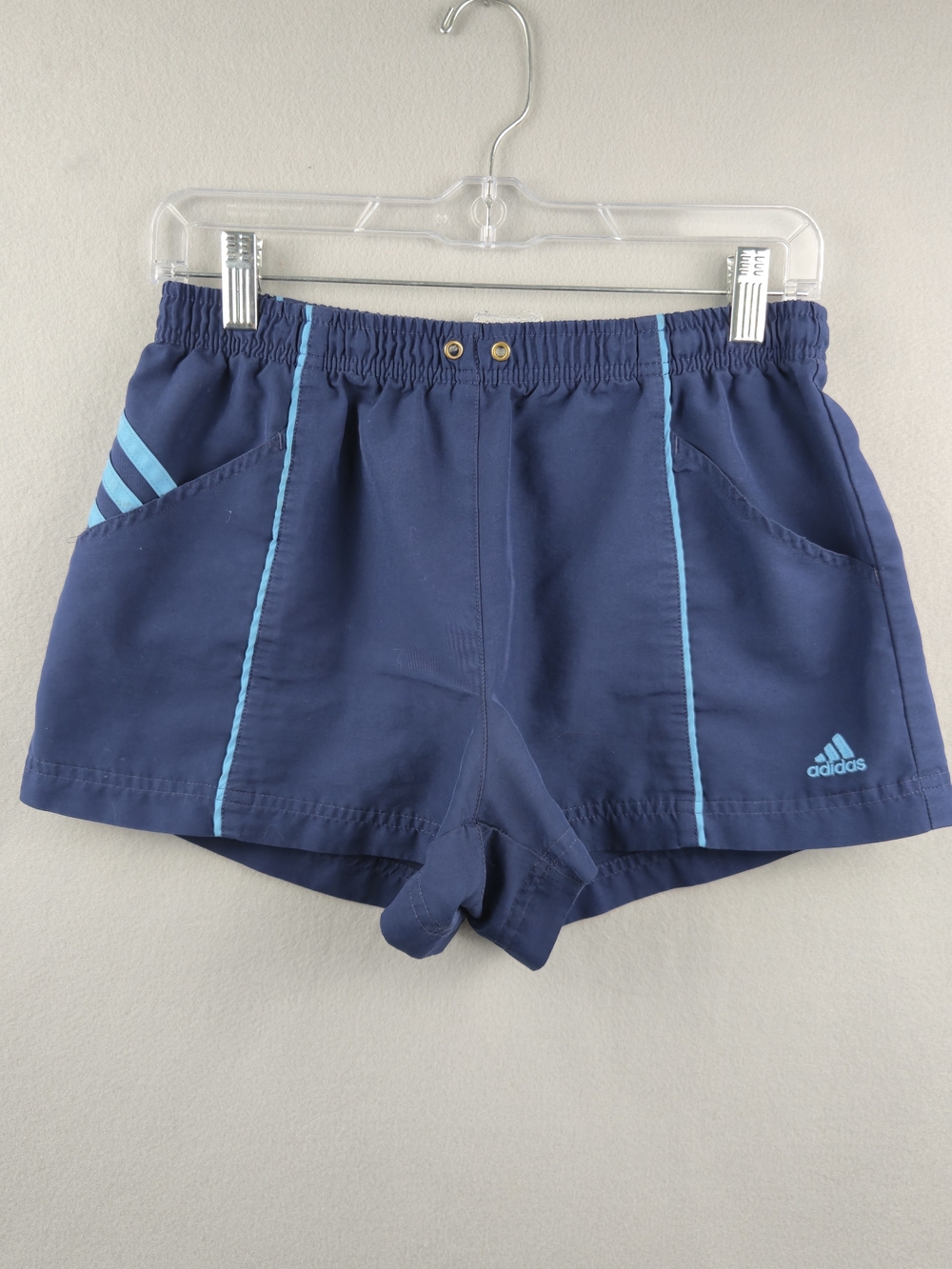 Vintage 90s Adidas Athletic Shorts Medium Navy Blue Light Blue Piping Retro Gym